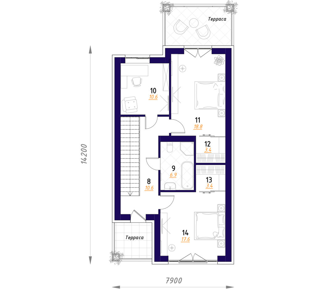Планировка английского двухэтажного узкого дома. 2 этаж с 3 мя спальнями.