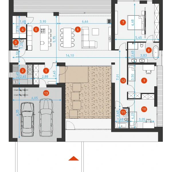 Вариант планировки одноэтажного дома с плоской кровлей и внутренним патио. 
Экспликация и основные размеры.
