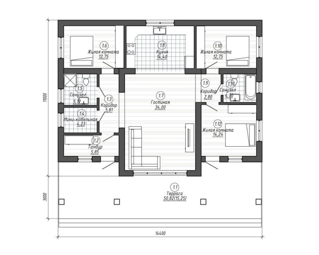Планировка дизайнерского дома с большой гостиной и 3 спальнями