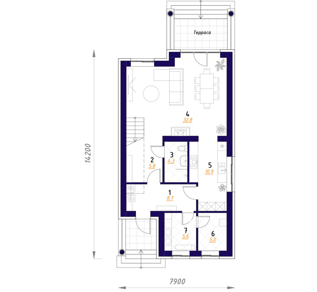 Планировка английского двухэтажного узкого дома. 1ый этаж. 