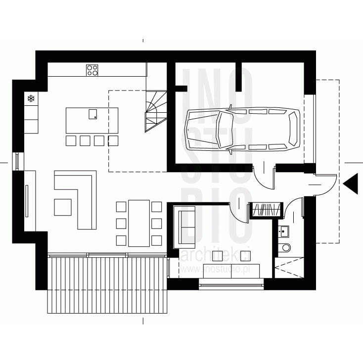 Современный дом с кирпичной и темной облицовкой. План 1го этажа.